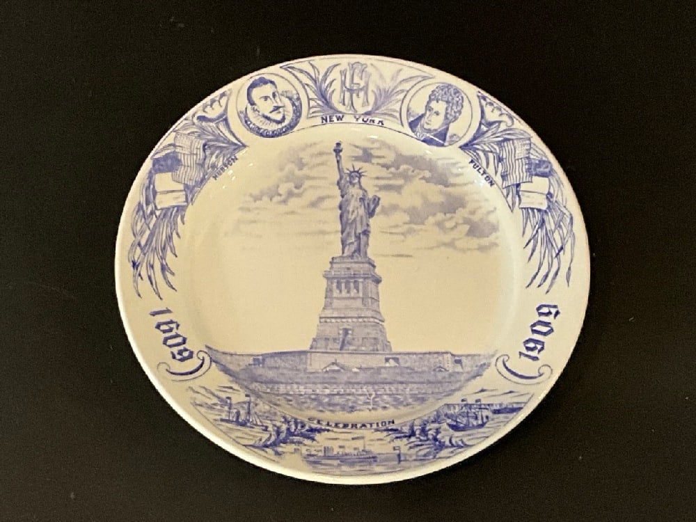 Hudson Fulton Celebration Plate, Statue of Liberty: Hudson Fulton Celebration Blue Transferware Plate with Statue of Liberty. Made for R.H. Macy & Co. Made in England. Dimensions: 9”. Please see photograph preview.