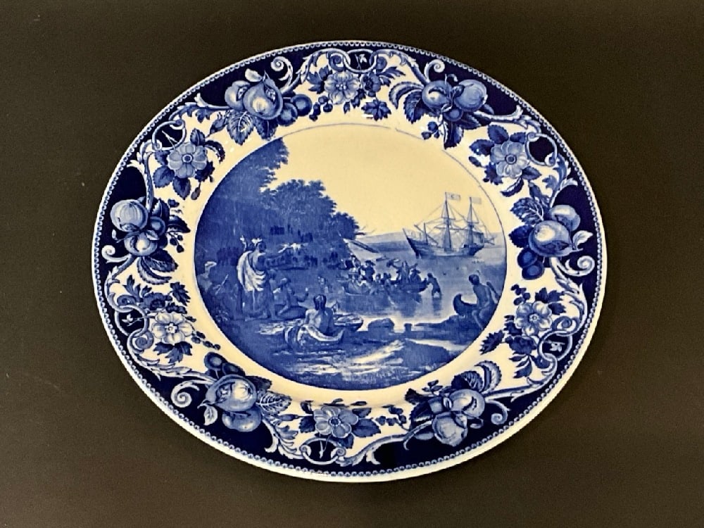 Hudson Fulton Celebration Blue Transferware Plate: Henry Hudson Half Moon 1909 Hudson Fulton Celebration Blue Transferware Plate. Dimensions 10.5” made by Royal Doulton.