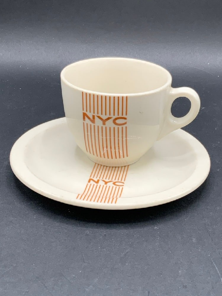 Syracuse China NY Central Cup and Saucer: New York Central Railroad Art Deco Cup and Saucer by Syracuse China NY. NYC Orange Striped Design.