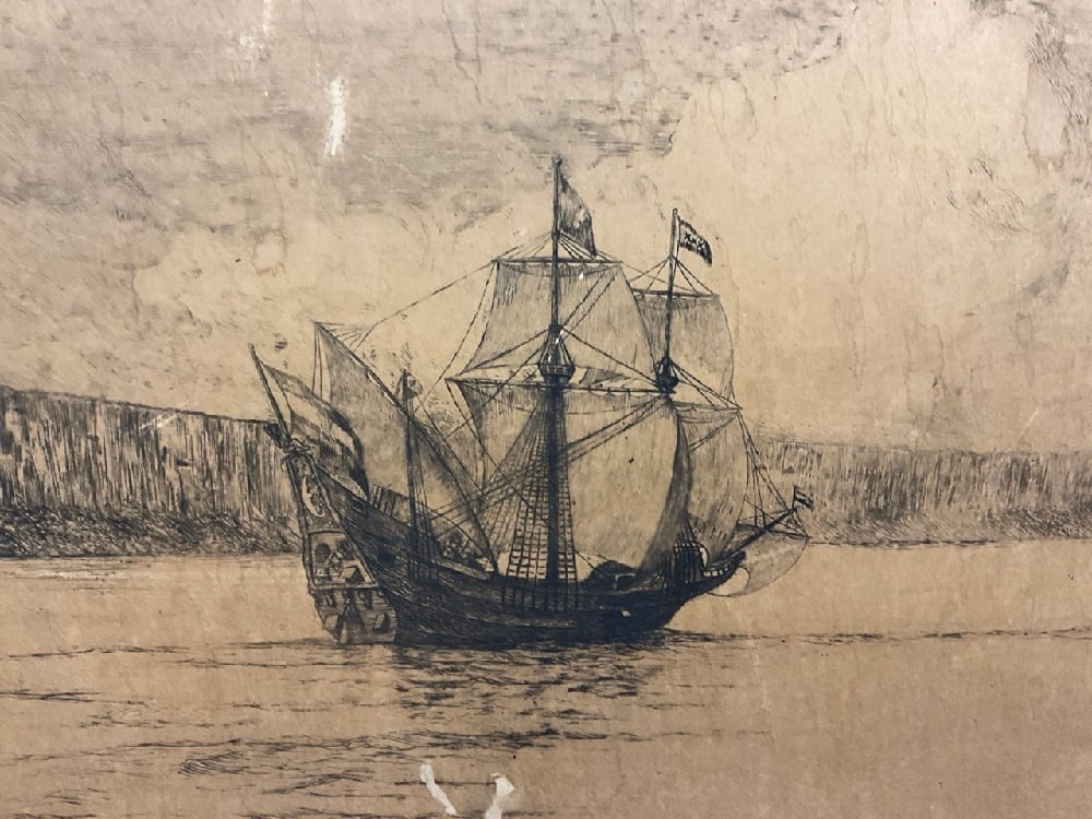 Leigh Hunt 1909 Pencil Signed Hudson Fulton Celebration: Leigh Hunt 1909 Pencil Signed Hudson Fulton Celebration. Heavily soiled and loss noted. Please see photograph preview. Dimensions: 19” x 27” and 25” x 34”