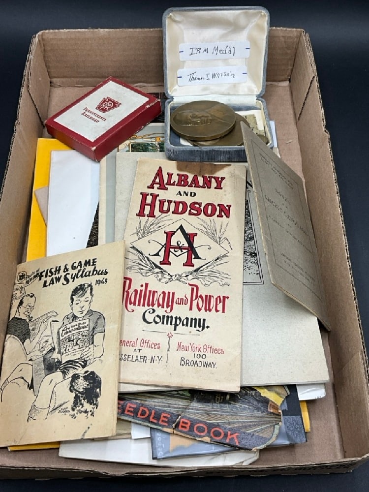 Estate Compiled Paper Ephemera, Bronze IBM Medallions: Estate Compiled Paper Ephemera, Bronze IBM Medallions. Train schedules, Hudson Fulton medal, advertising, PRR deck of playing cards etc.