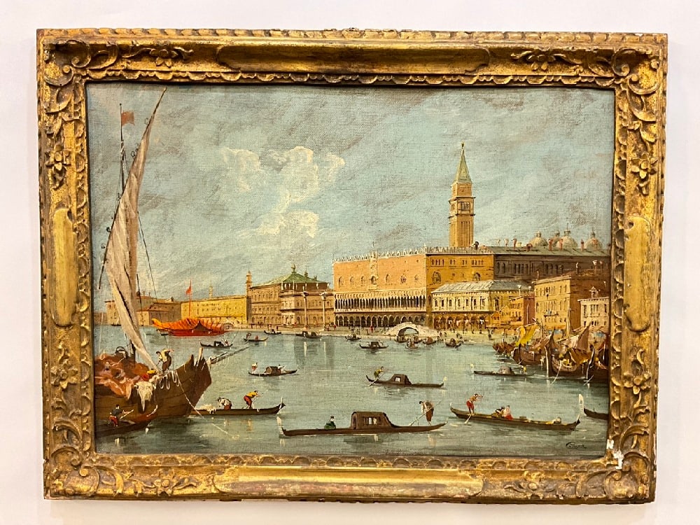 After Francesco Guardi - Venice Oil Painting: After Francesco Guardi - Venice The Dodge’s Palace And The Molo - Oil On Canvas - Gold Gilt Frame - Illegible Signature Dimensions: 19” x 26 1/2” Framed: 24” x 32”