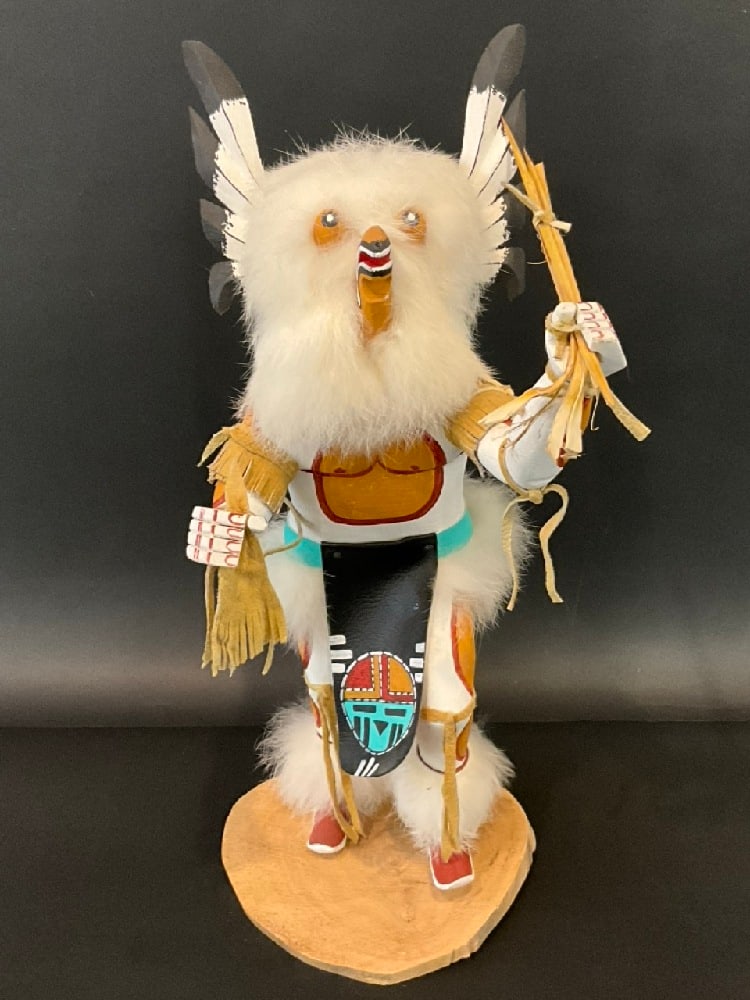 Signed Native American Navajo Hand Painted Carved Great Horned Owl Kachina Doll (1 of 8)