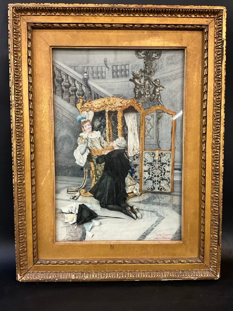 Giuseppe Signorini (Italian 1857-1932) Mixed Media Watercolor On Paper: Giuseppe Signorini (Italian 1857-1932) Mixed Media Watercolor On Paper. Lady sitting in Portantina. Dimensions: 17” x 11 1/2” Framed: 24” x 18 1/2”