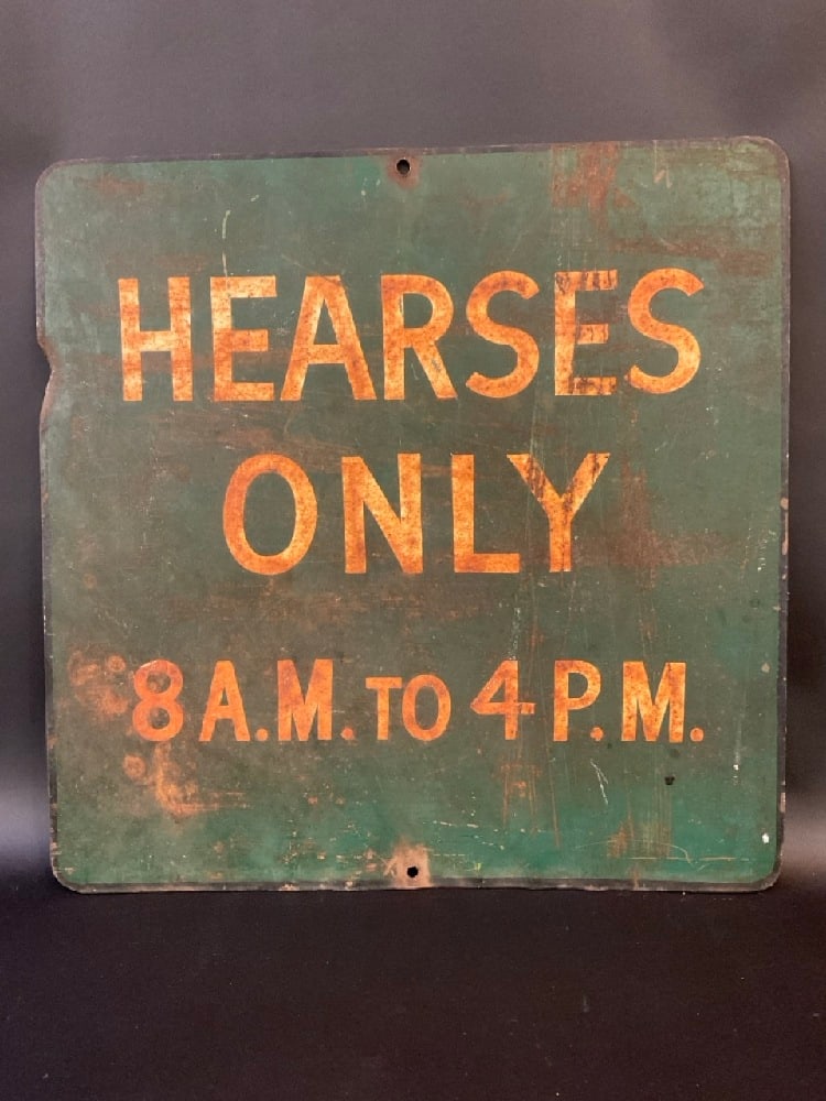Vintage Hearses Only Funeral Home "Parking" Sign: Vintage Hearses Only "Parking" Sign. 8am-4pm. 1st Half 20th century. Original one sided metal sign. Dimensions: 16” x 16”