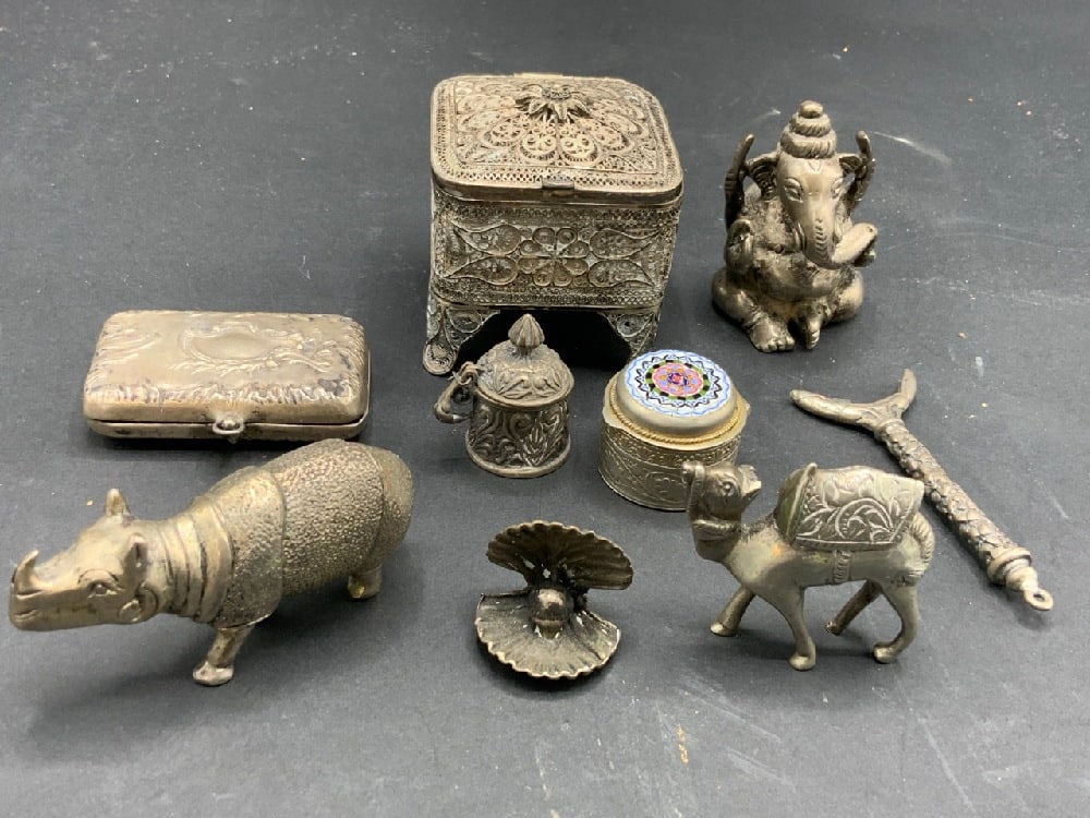 Nine (9) Piece Silver Plated Decorative Objects: Nine (9) Piece Silver Plated Decorative Objects. Miniature trinket boxes, animal figurines etc.