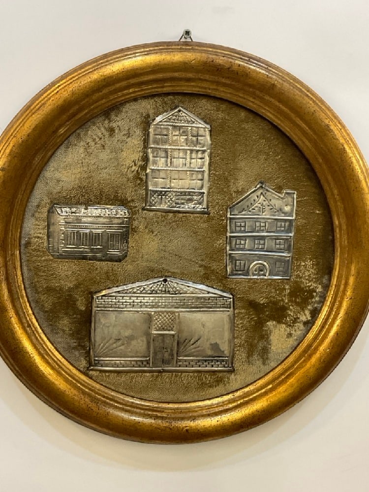 Mounted Silver Doors Framed Art: Mounted Silver Doors Framed Art. Marked 800 and 900 silver purity. Dimensions: 15" diameter.