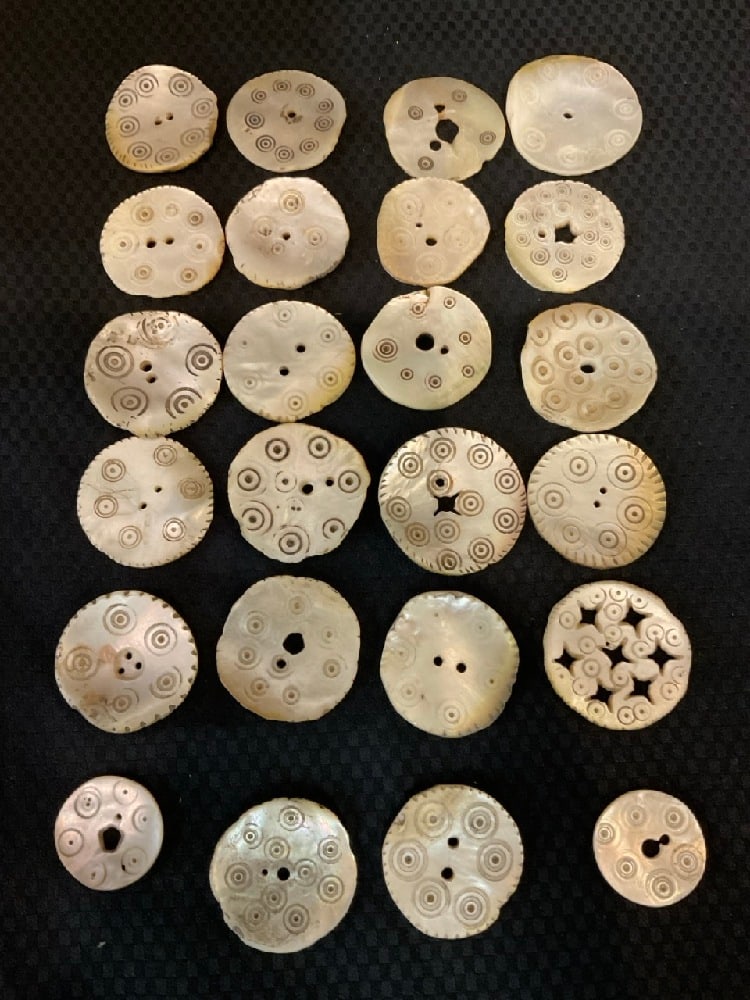 Antique Special Mother-of Pearl Buttons: Antique Special Mother-of Pearl Buttons. Twenty-four (24) total. As seen in photograph preview. Dimensions: 1 1/2”- 2 1/4”D Good Condition