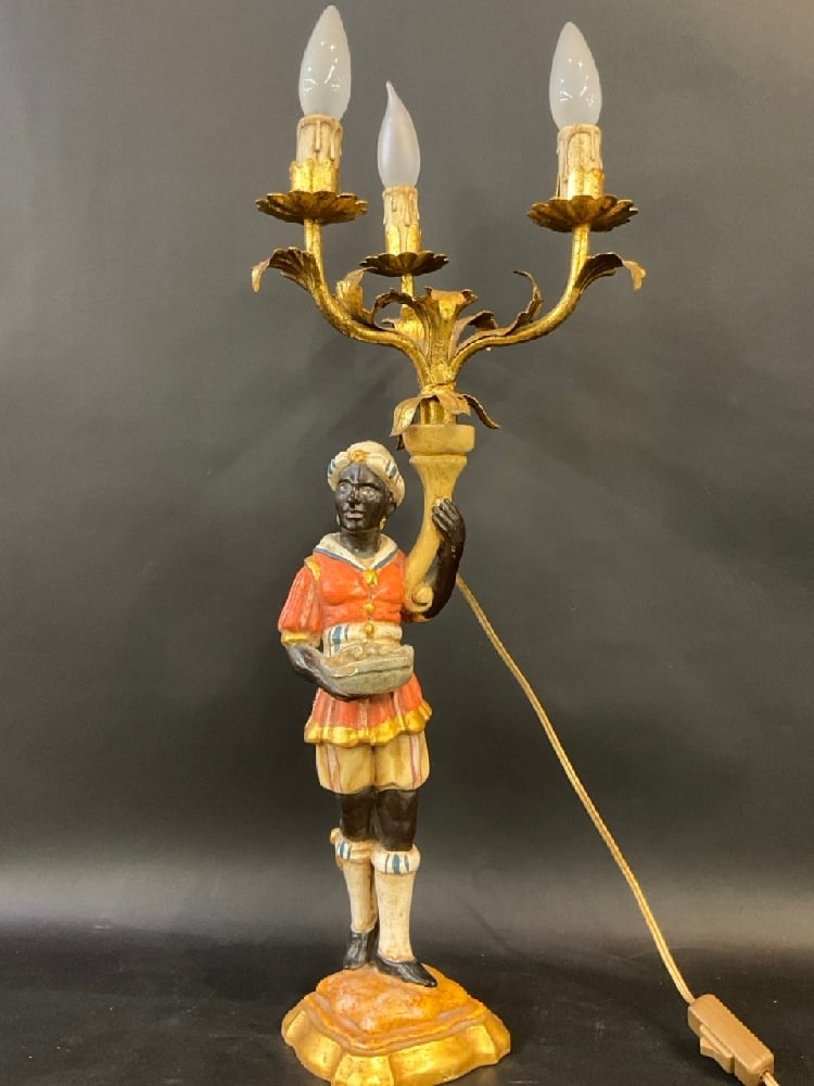 Carved Wood Blackmoor  Table Sconce Lamo W/ Gold Gilt (1 of 6)