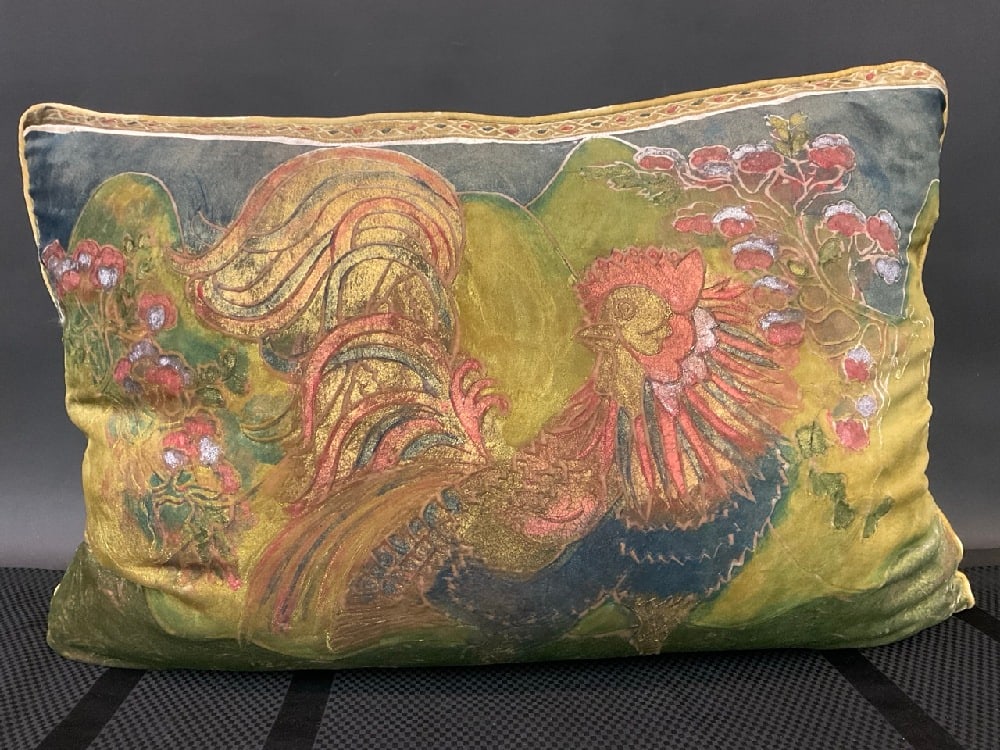 Italian Oversized Silk Hand Painted Rooster Sofa Throw Pillow (1 of 4)