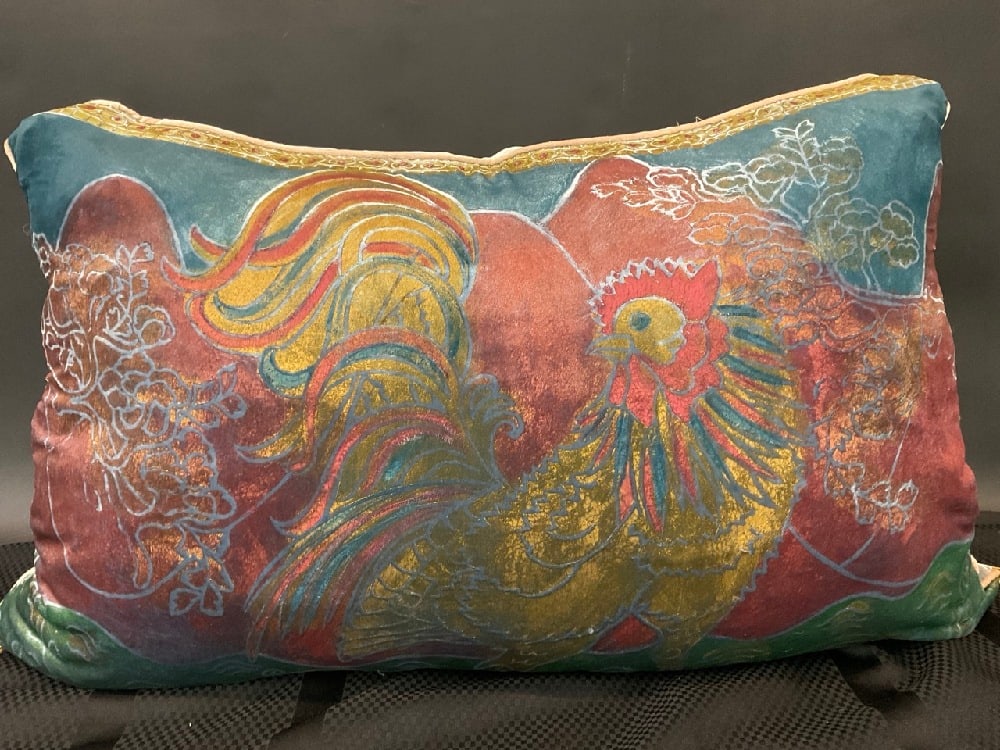 Oversized Italian Silk Hand Painted Rooster Sofa Throw Pillow (1 of 5)