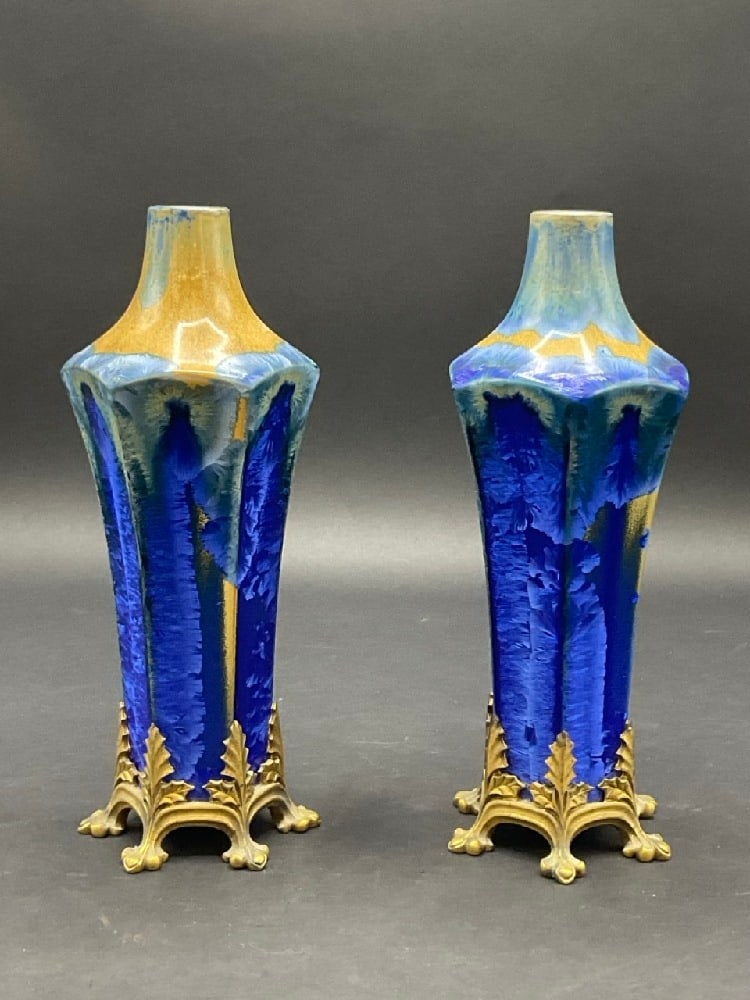 A Pair, Paul Milet for Sevres Vases c. 1905: A Pair, Paul Milet for Sevres Vases c. 1905. Blue Crystalline Coloring with Bronze Ormolu Mounts. Dimensions: 8 1/2" X 3 1/2"