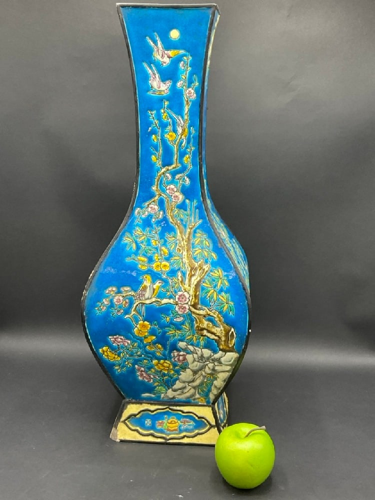 Large Antique French Longwy Enamel Painted Vase: Large Antique French Longwy Vase. Several areas of edge chipping noted. No cracks or structural issues. Please see photograph preview. Dimensions: 21 1/4” x 8” x 6”