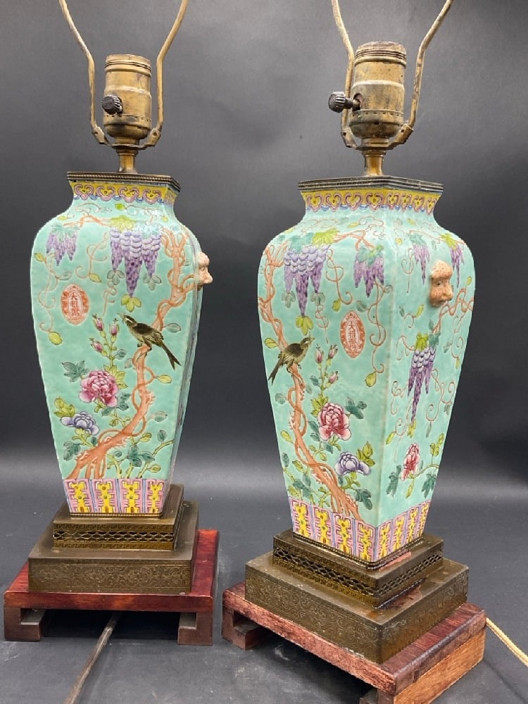 Chinese Famille Rose Table Lamp Vases - Dowager Empress: Dowager Empress Seal Chinese Famille Rose Vase with Turquoise Ground. This pair of vases mounted into table lamps with rosewood bases. Base not inspected at time of catalog. Dimensions: 28" X 6" and 1