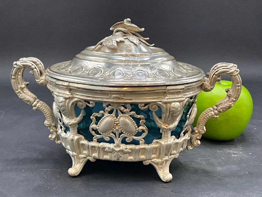 Antique 800 Silver Caddy with Blue Glass Insert: Antique 800 Silver Caddy with Blue Glass Insert. The Lid is a Marriage with French Minerva touch mark. Base touch mark illegibly at time of inspection. Marriage 320 grams and 10.29 Troy ounces 6 1/2&#