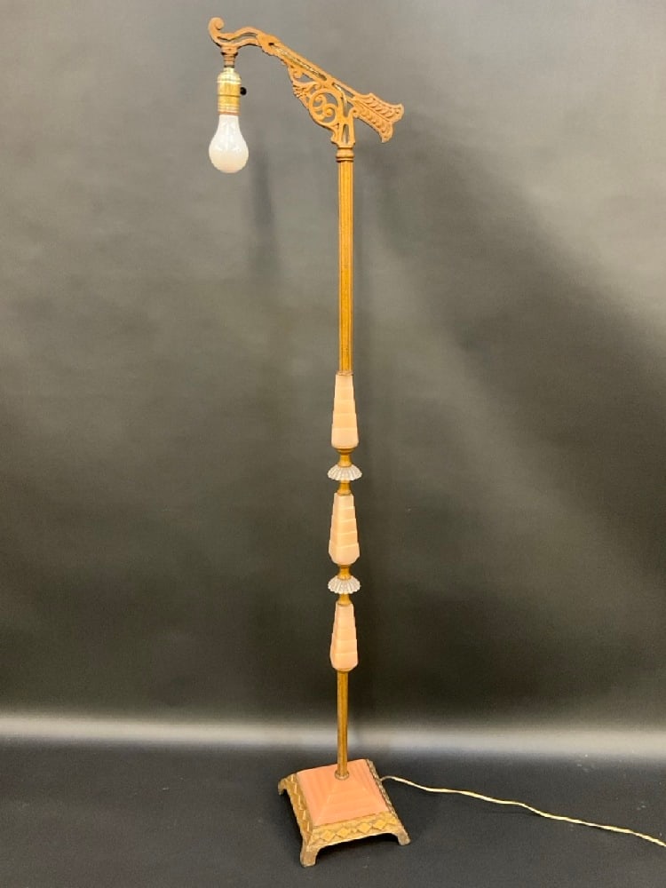 1920’s Art Deco Pink Akro Agate Glass Bridge Lamp: 1920’s Art Deco Pink Akro Agate Glass Bridge LampDimensions: 58” x 8 3/4” x 12 3/4”