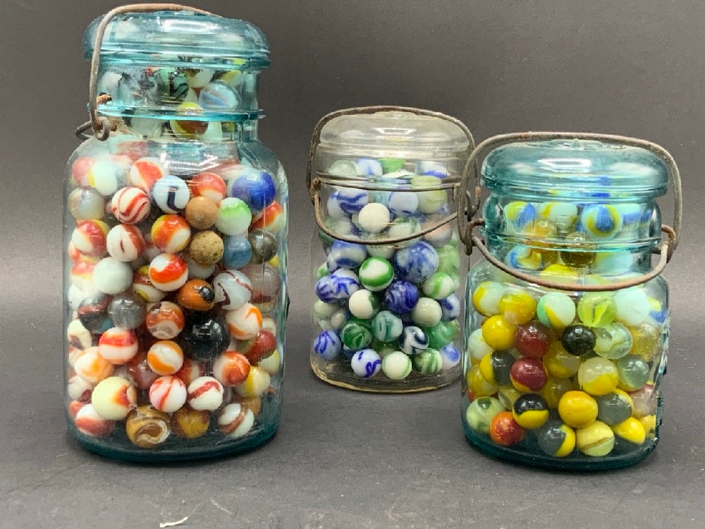 Estate Compiled Vintage Marbles Unsorted: Three (3) Jars of Estate Found Marbles. Unsorted. Please see photograph preview.