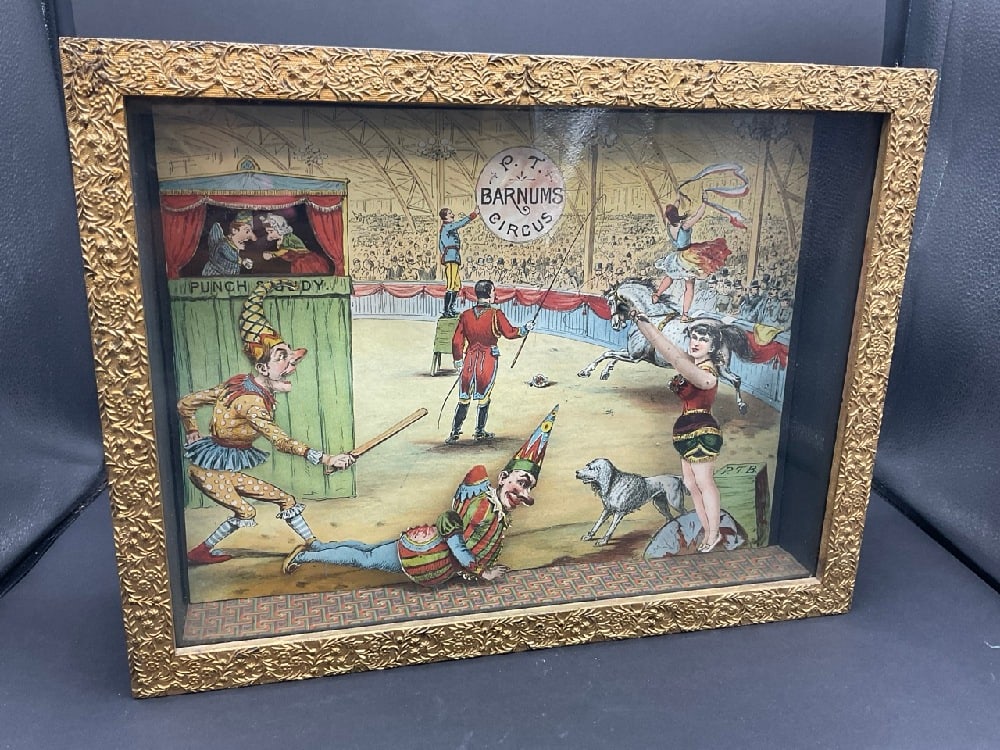 19th C. P.T. Barnum Automaton Clockwork Shadow Box Toy: P.T. Barnum Automaton Clockwork Shadow Box. Mr. Barnum bought, sold and displayed thousands of automaton devices through the course of the American Museum and Greatest Show - 1842 - 1890. It was very