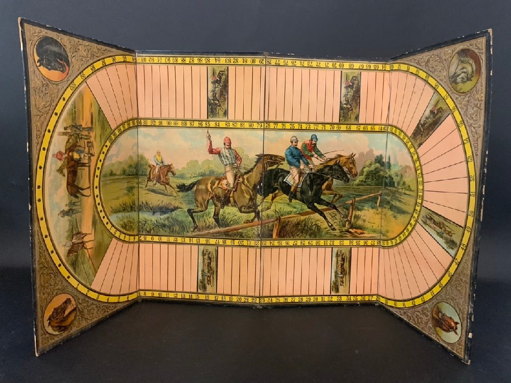 Vintage “Game Of Steeplechase” Game Board: Vintage “Game Of Steeplechase” Game BoardSmall tear on the crease at #63Dimensions: Full board - 16 1/4” x 32” Folded - 16 1/4” x 16”