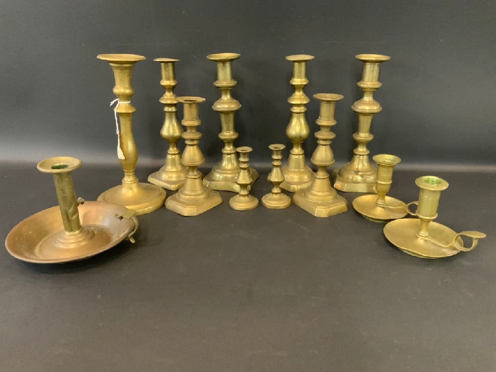 Lot Of 12 Brass Candlesticks: Lot Of 12 Brass Candlesticks Dimensions: Lg - 9 1/2” x 4” Sm - 4” x 2”