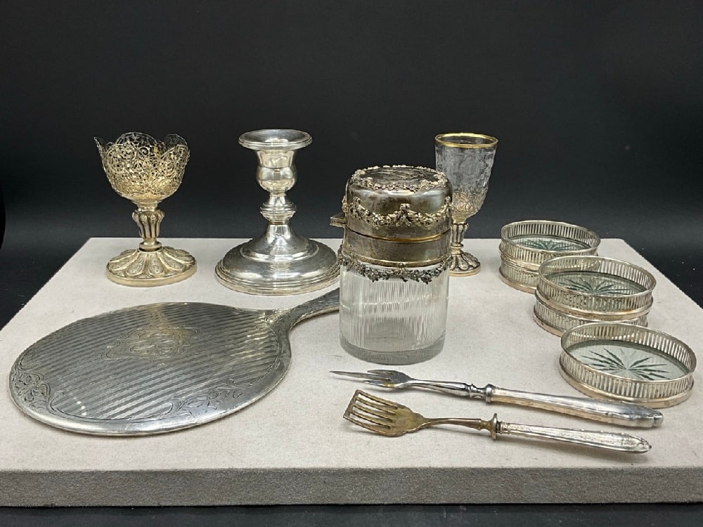 Estate Compiled Weighted Sterling Silver and French Jar: Complied Weighted Sterling Silver with 19th Century French Vanity Jar1.345 grams, 43.25 toz.Vanity Jar:4” H x 2 1/2” D