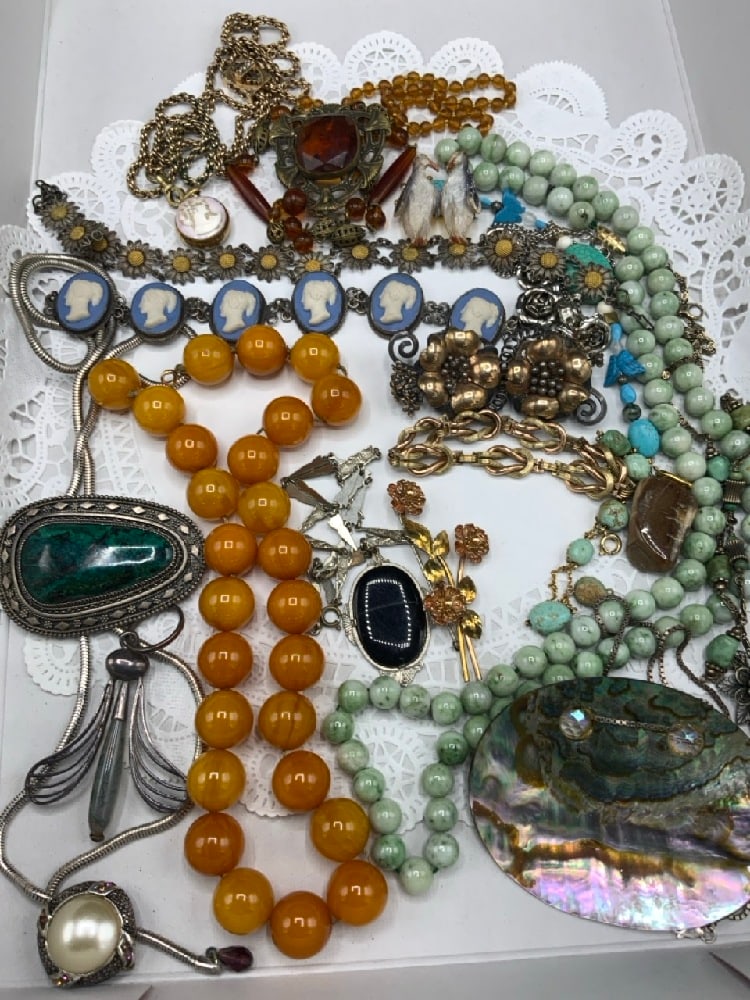 Estate Compiled Costume Jewelry Group: Costume Jewelry Lot with Sterling Pin, Necklaces, Pins, Etc. Sterling Silver, Jasperware Style Bracelet, Good Content. Please See Preview Photographs