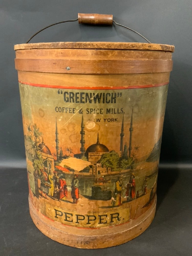 “Greenwich” Coffee & Spice Mills NY, Wooden Pepper Container: “Greenwich” Coffee & Spice Mills NY, Wooden Pepper Container. Old General Store Item. Dimensions: 14” x 12”