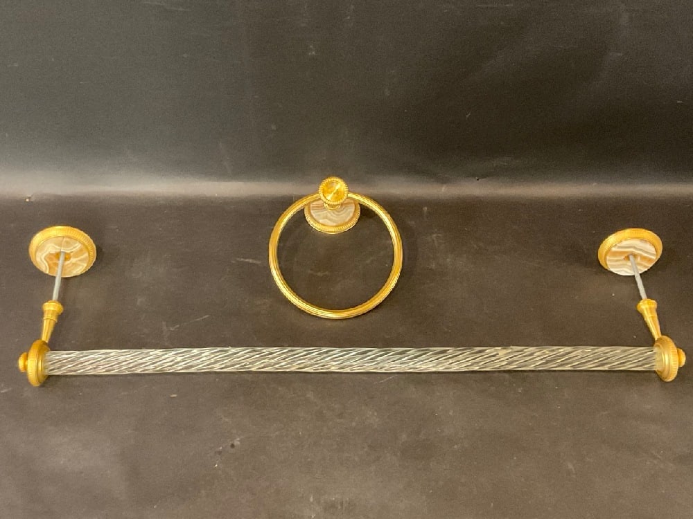 Sherle and Wagner Bathroom Towel Bars: Sherle and Wagner Towel Bars. Onyx and gold plated hardware with glass swirl bar. Dimensions of glass Towel holder 3”x 25”x 4”Dimensions of circular towel holder 6.5”x 5.5&rdqu