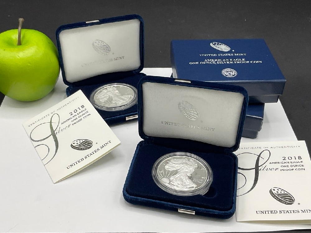 Two (2) 2018 1 Troy Ounce American U.S. Eagle Silver Dollars (1 of 3)