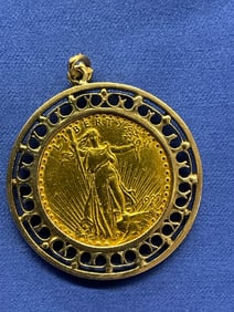 1927 $20 U.S. Saint Gaudens Gold Coin Mounted in Jewelry Pendant