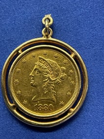 1880 $10 Liberty Eagle Gold Coin Mounted in Jewelry Pendant