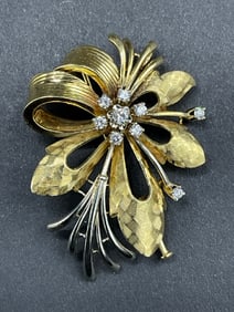 14K  Yellow and White Gold Diamond Bow Pin/ Brooch