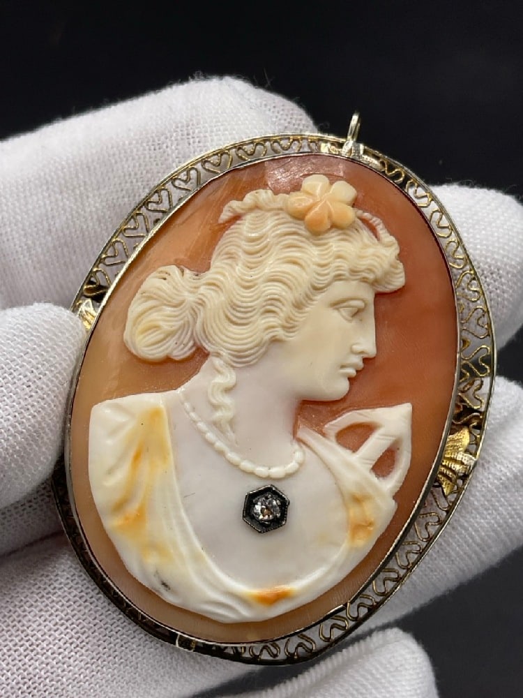 Antique 14K Diamond Cameo Brooch or Pendant (1 of 4)