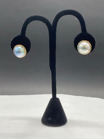 14K Pierced Mabe Blue Pearl Button Back Earrings