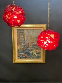 Two (2) 1960's or 70's Red Lucite Spaghetti Hanging Lamps
