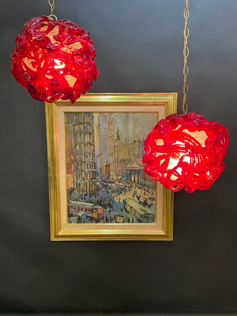 Two (2) 1960's or 70's Red Lucite Spaghetti Hanging Lamps (1 of 9)