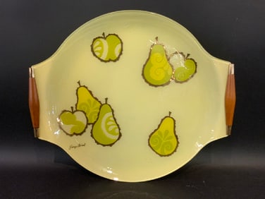 Georges Briard MCM Painted Glass Fruits Platter Teakwood Handles
