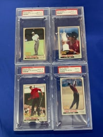 Lot of 4 2001 PSA Graded Tiger Woods Cards - PGA Champ, U.S Open, Masters, British