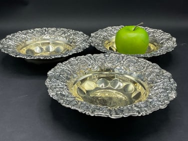 Three (3) Sterling Silver Repousse Bowls w/ Gold Wash