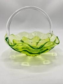 Vintage Vaseline Glass Handled Basket