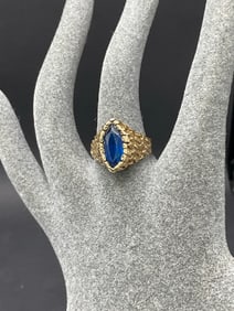 Men’s Size 12 14K Yellow Gold  Modernist Ring w/ Blue Stone