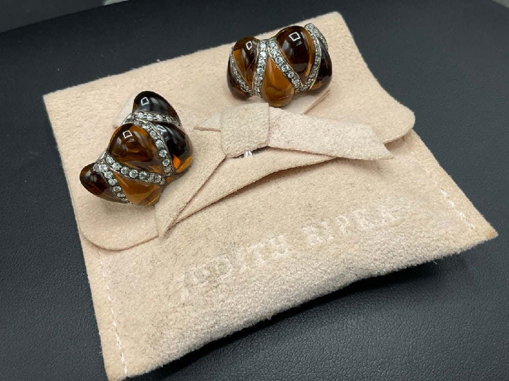 Judith Ripka Sterling Silver Amber and Marcasite Earrings: Judith Ripka Sterling Silver Amber and Marcasite Earrings.Dimensions: 1”