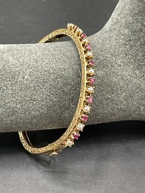 14K Yellow Gold Ruby and Pearl Hinged Bangle Bracelet