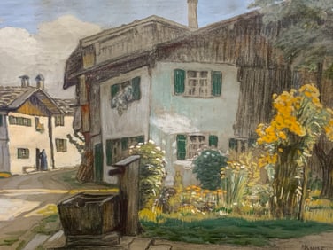 M. Kunz Obergtdort Village Scene Oil Painting c. 1915