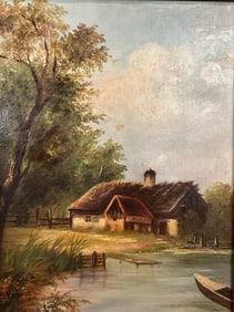 19th Century Oil on Canvas Painting, Cottage Scene