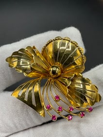 18k Yellow Gold Floral Brooch with Rubies