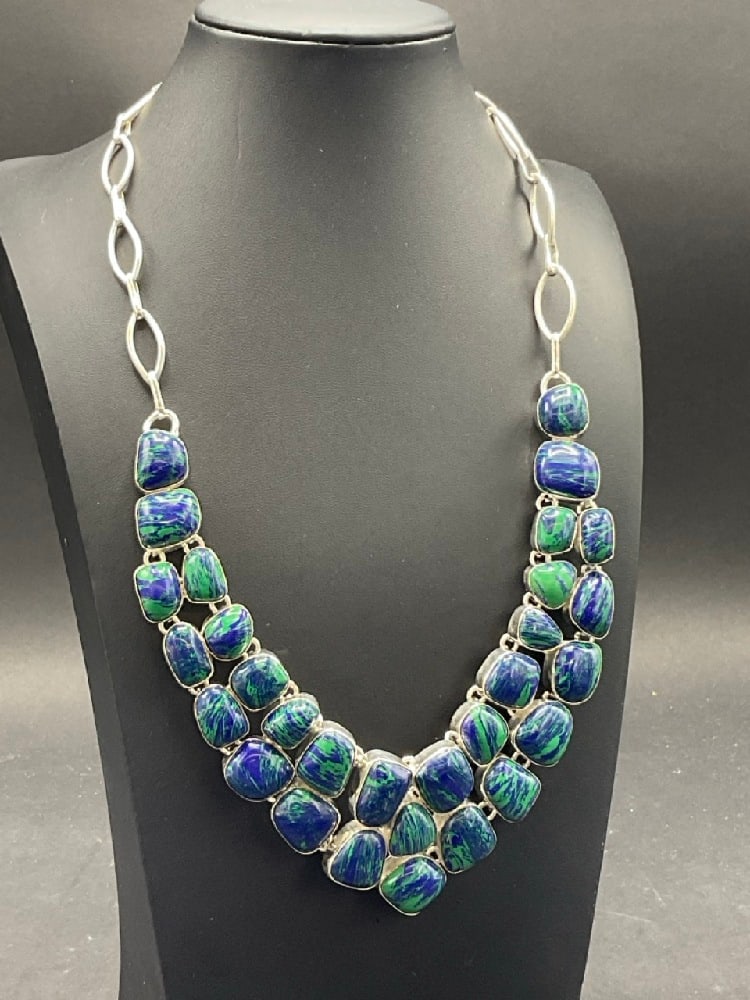 Azurite Sterling Silver Necklace: Azurite Sterling Silver Necklace. Dimensions: 10 1/2” drop 17” Length Total weight: 86 grams