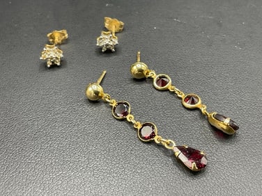 14K Diamond Studs and 14K Garnet Drop Earrings