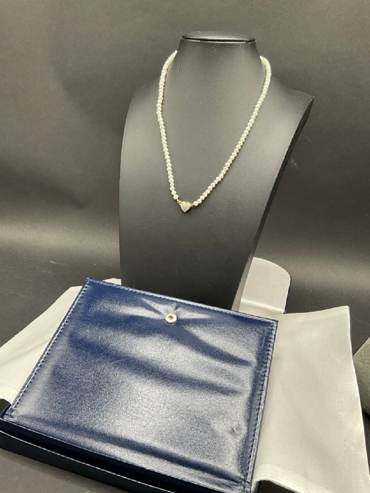 14K Gold Pearl Choker Style Necklace with Diamond Encrusted Heart: 14K Gold Pearl Choker Style Necklace with Diamond Encrusted Heart. Dimensions: 12" length.