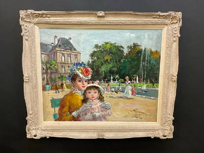 Andre Bauchant "Jardin du Luxembourg, Paris Oil Painting: Andre Bauchant (1873-1958) Titled: "Jardin du Luxembourg, ParisOil on canvas.Dimensions: 24” x 29 1/2” and 31 1/2” x 37” framed.Excellent color use and mother with daughter por